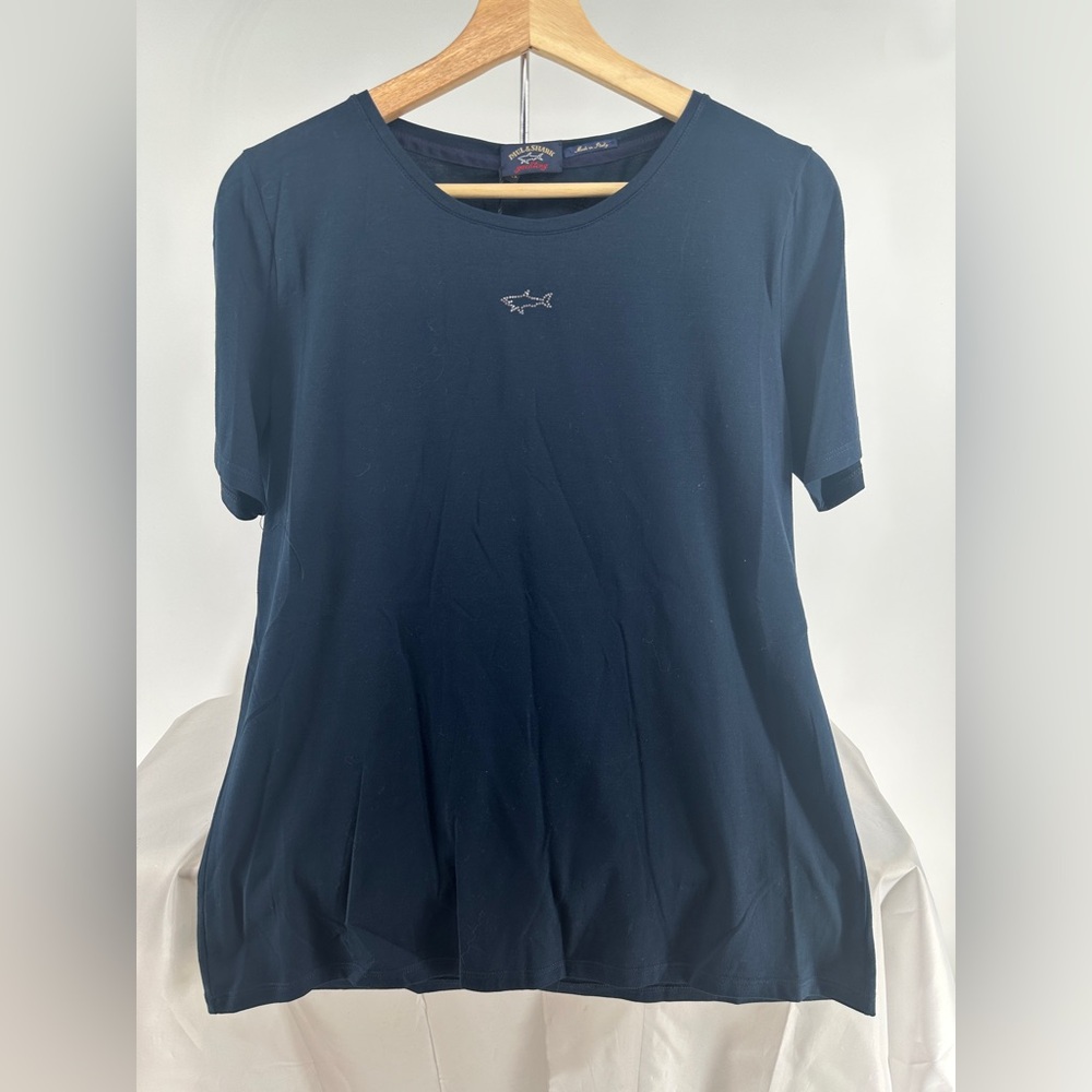 NWT Paul and shark navy blue Swarovski crystal shark logo tshirt